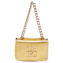 CH Carolina Herrera Gold Leather Logo Double Flap Chain Baguette Bag