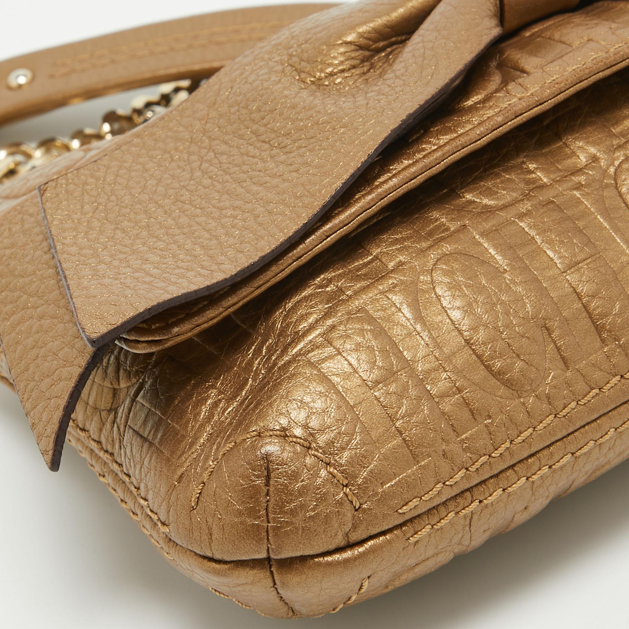 CH Carolina Herrera Gold Monogram Embossed Leather Audrey Crossbody Bag For Sale 6