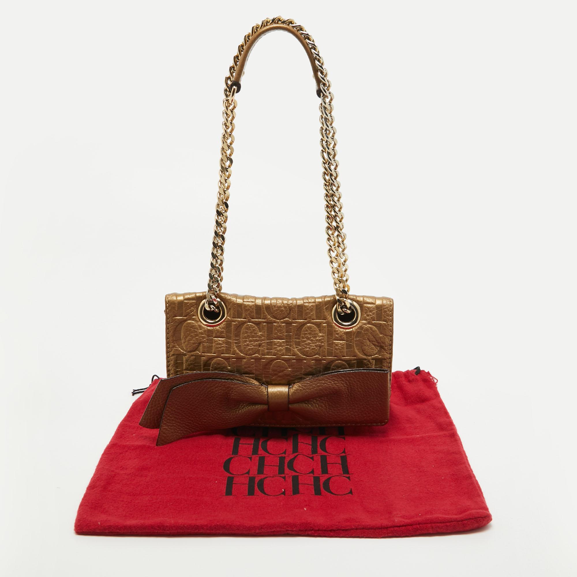CH Carolina Herrera Gold Monogram Embossed Leather Audrey Crossbody Bag For Sale 8