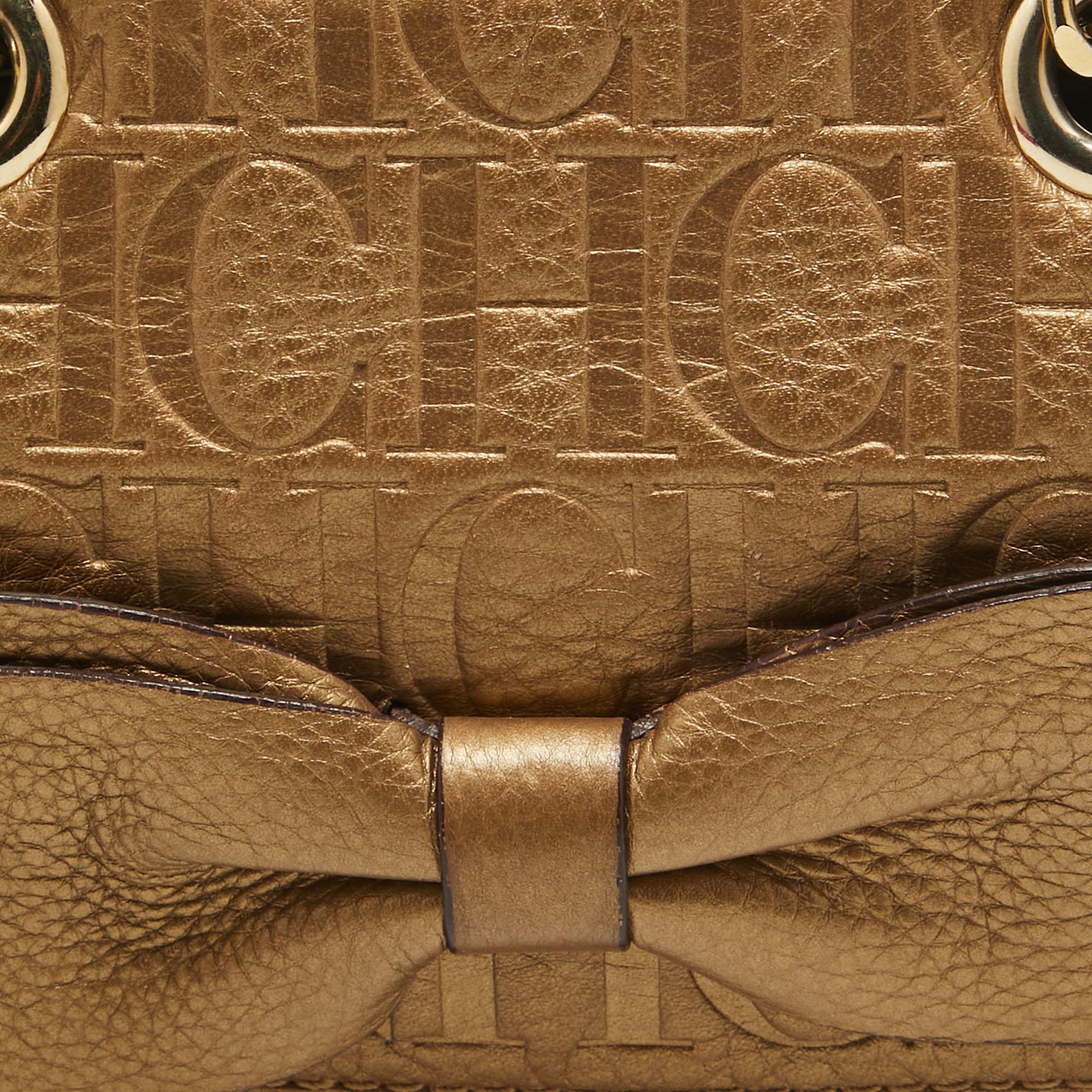 Women's CH Carolina Herrera Gold Monogram Embossed Leather Audrey Crossbody Bag For Sale