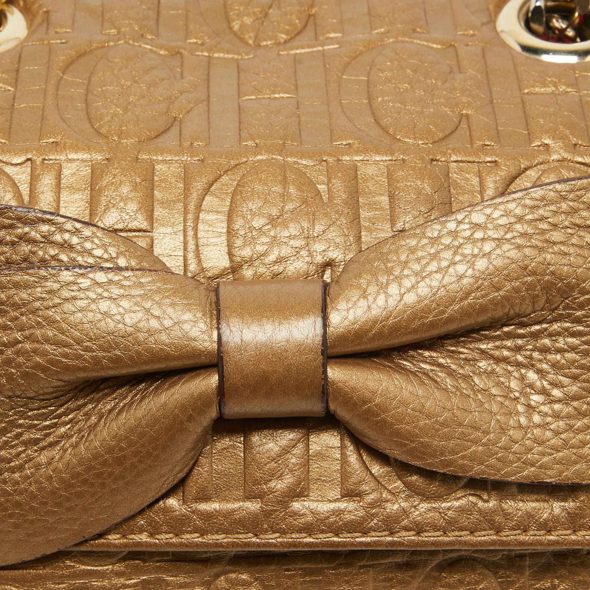 CH Carolina Herrera Gold Monogram Embossed Leather Audrey Crossbody Bag For Sale 1