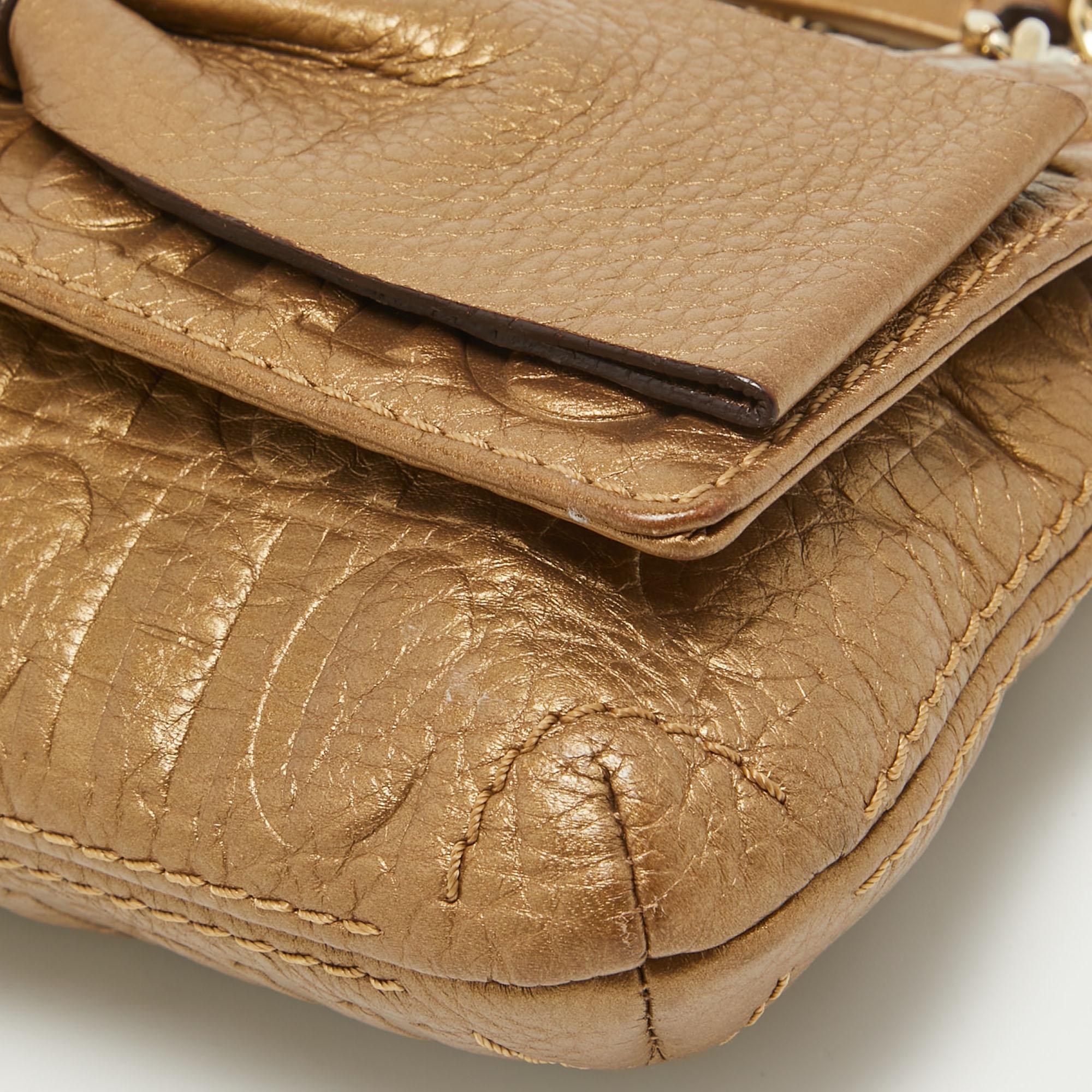CH Carolina Herrera Gold Monogram Embossed Leather Audrey Crossbody Bag For Sale 2