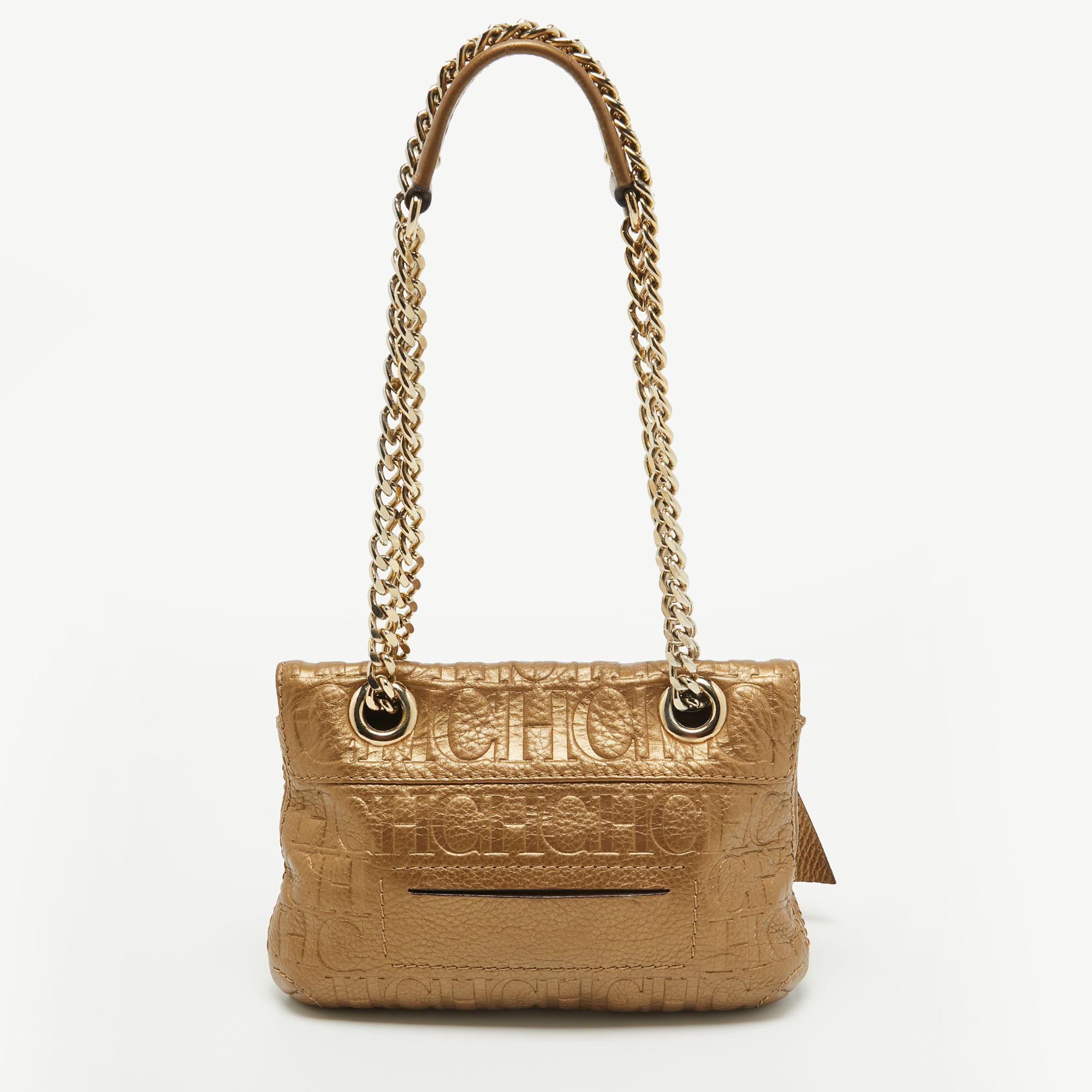 CH Carolina Herrera Gold Monogram Embossed Leather Audrey Crossbody Bag For Sale 3