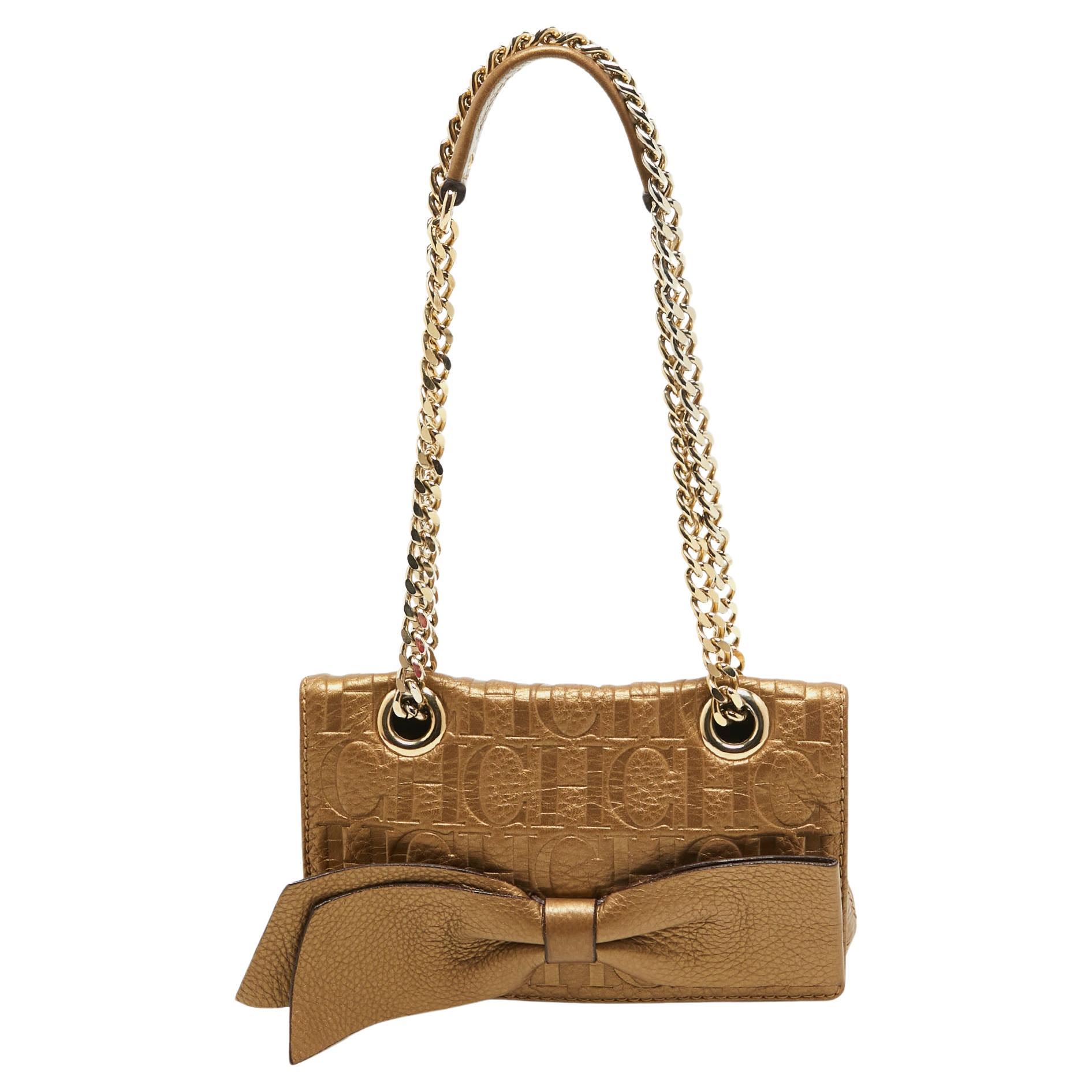 CH Carolina Herrera Gold Monogram Embossed Leather Audrey Crossbody Bag For Sale