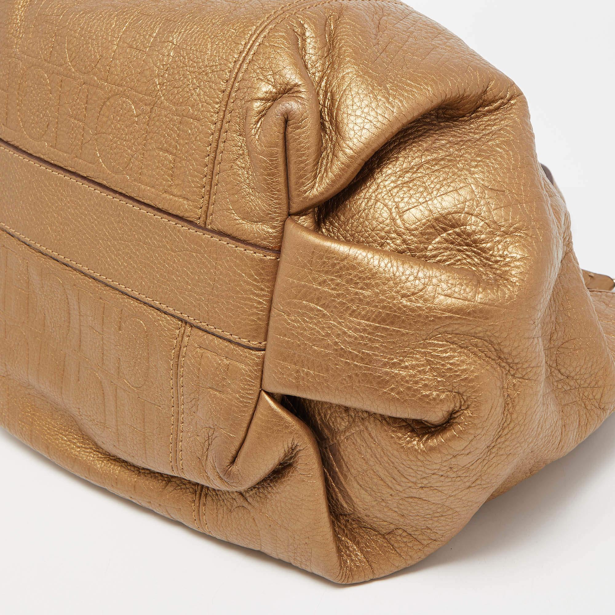 CH Carolina Herrera Gold Monogram Embossed Leather Dahlia Hobo 5