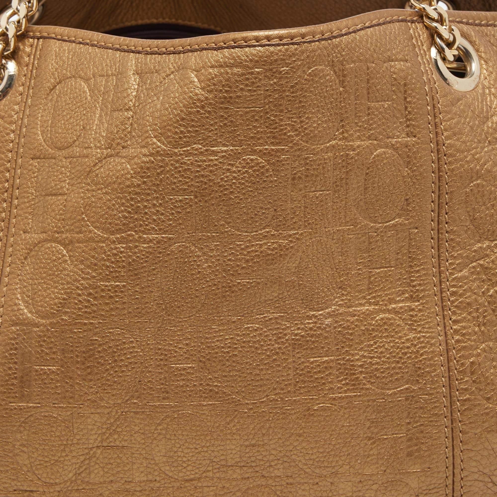 CH Carolina Herrera Gold Monogram Embossed Leather Dahlia Hobo 7