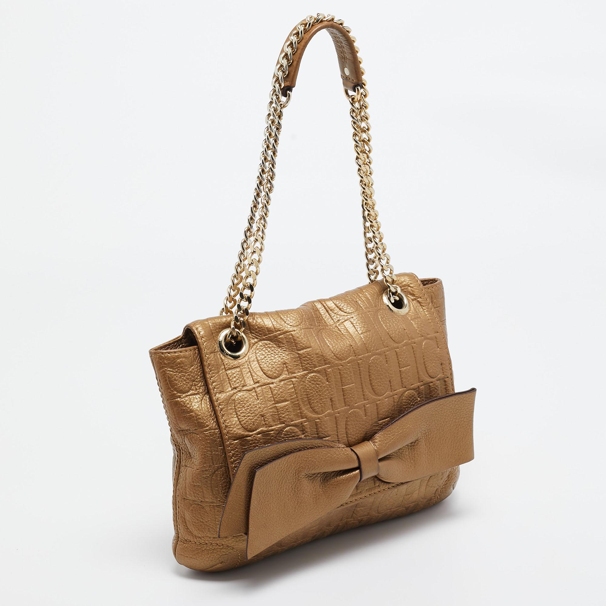 Brown CH Carolina Herrera Gold Monogram Leather Audrey Shoulder Bag