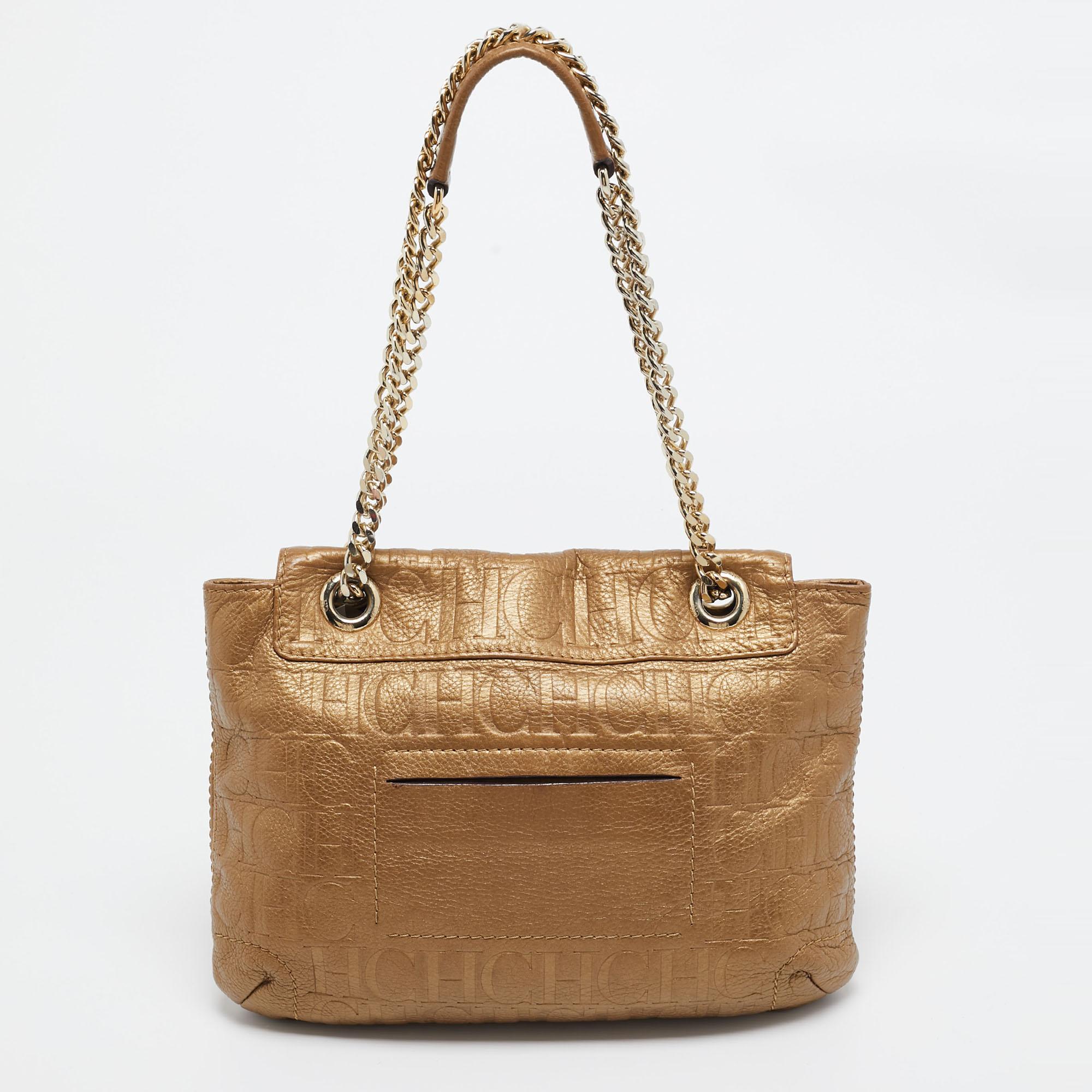 CH Carolina Herrera Gold Monogram Leather Audrey Shoulder Bag In Good Condition In Dubai, Al Qouz 2