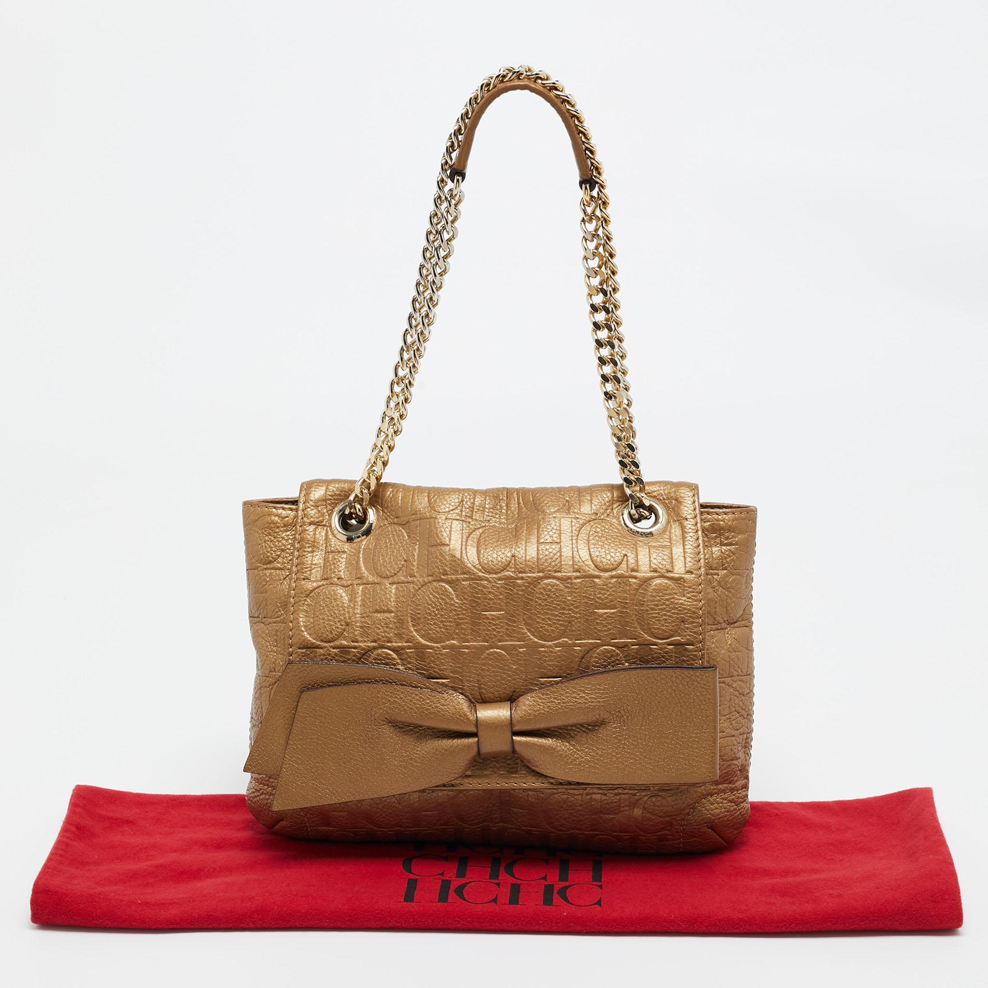 CH Carolina Herrera Gold Monogram Leather Audrey Shoulder Bag 4