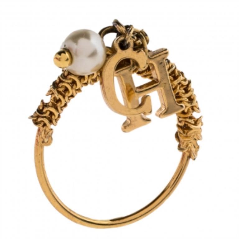 Women's CH Carolina Herrera Gold Tone Logo Charms Ring Size EU 50.5 For Sale
