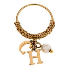 CH Carolina Herrera Gold Tone Logo Charms Ring Size EU 50.5
