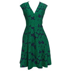 CH Carolina Herrera Green Brocade Fit and Flare Sleeveless Dress L