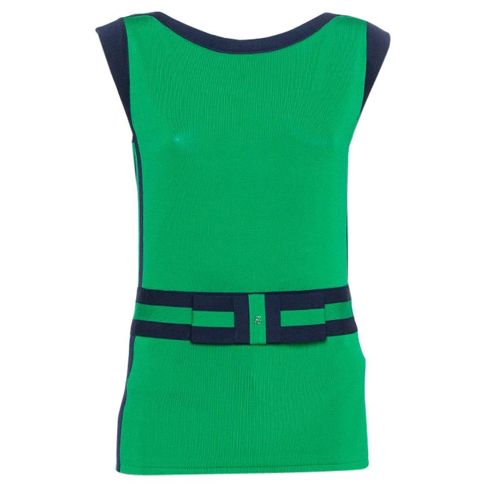 CH Carolina Herrera Green Knit Contrast Trim Bow Detail Sleeveless Top M