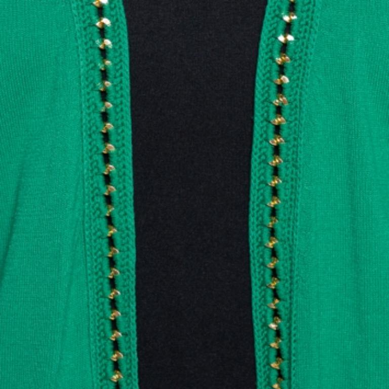 CH Carolina Herrera Green Knit Metal Detail Open Front Cardigan S In Good Condition For Sale In Dubai, Al Qouz 2