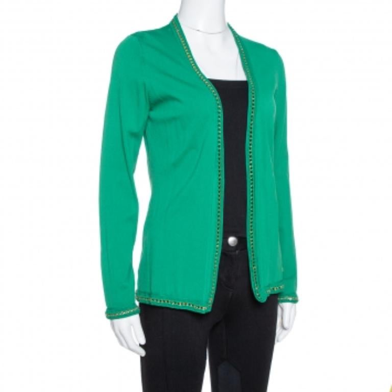 Women's CH Carolina Herrera Green Knit Metal Detail Open Front Cardigan S For Sale