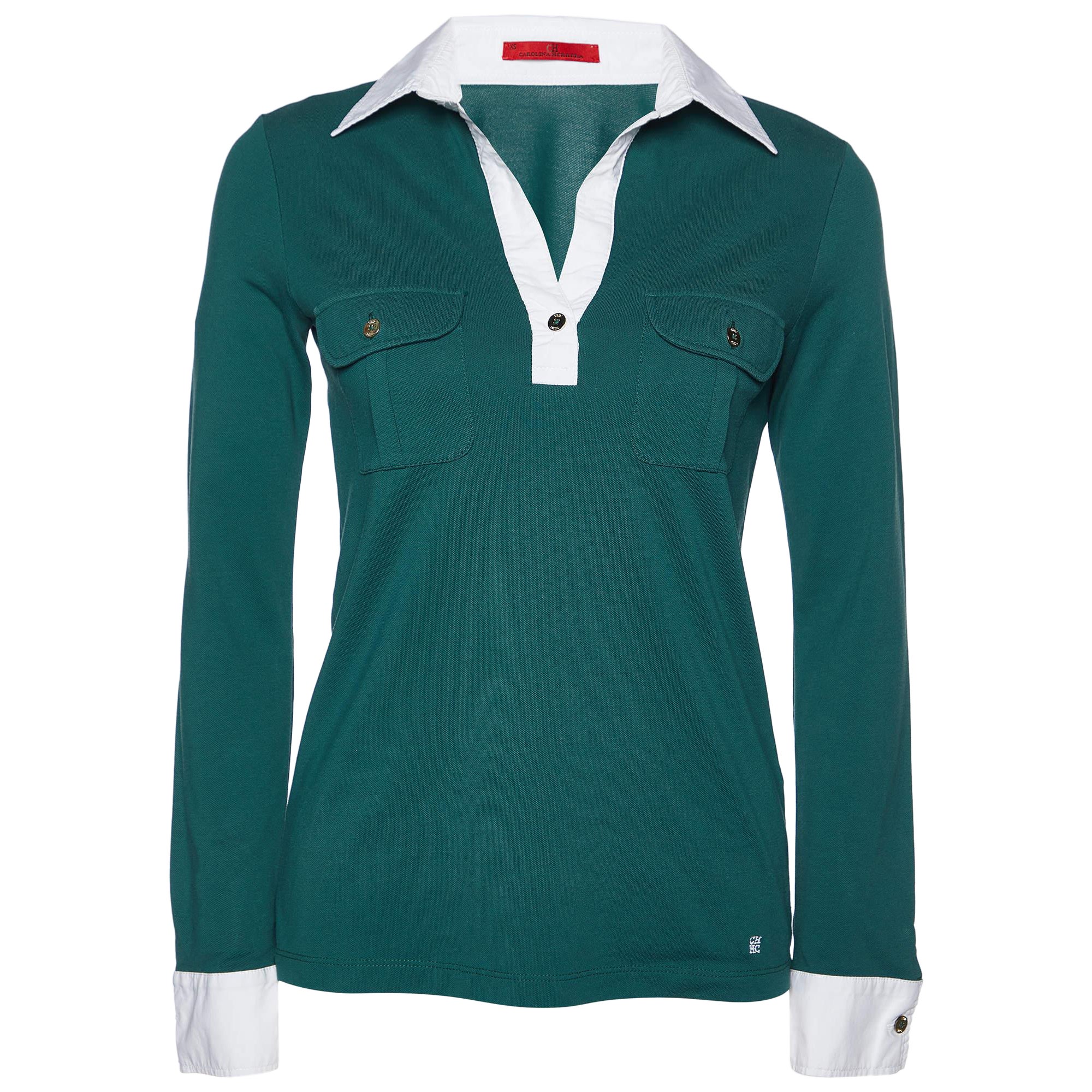 CH Carolina Herrera Maglietta a maniche lunghe in cotone piqué verde XS in vendita