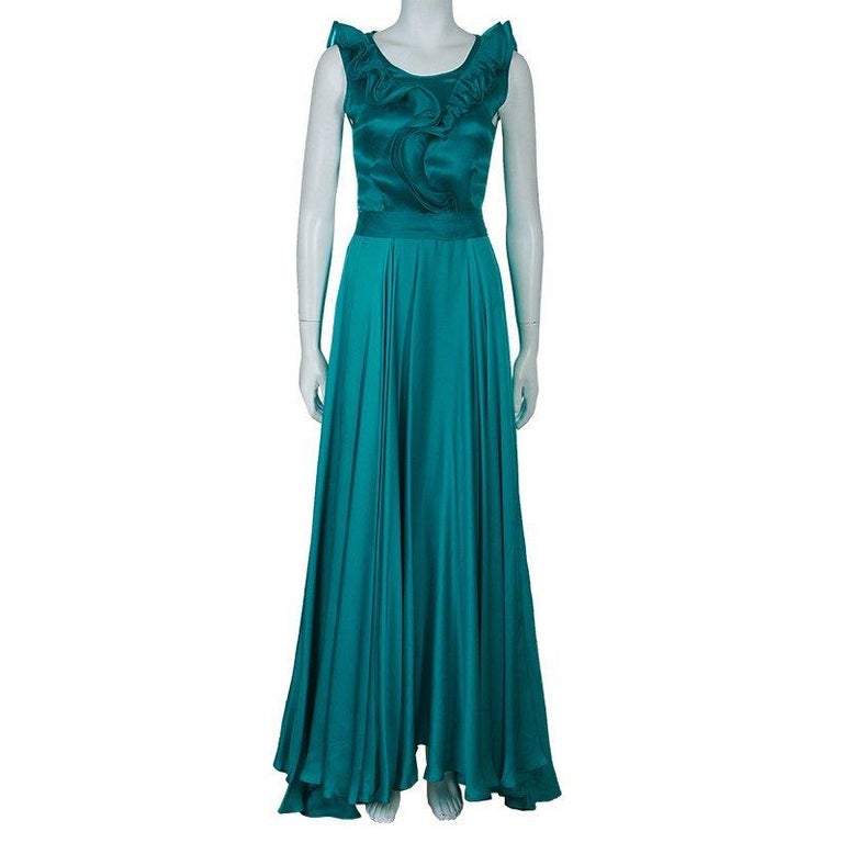CH Carolina Herrera Green Ruffle Silk Gown M For Sale at 1stdibs