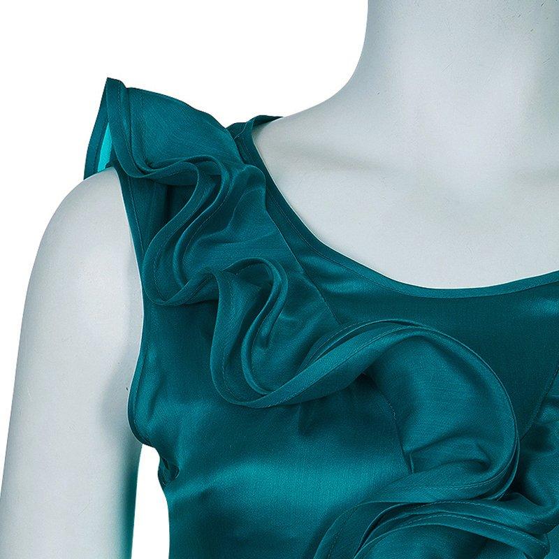 CH Carolina Herrera Green Ruffle Silk Gown M In Good Condition In Dubai, Al Qouz 2