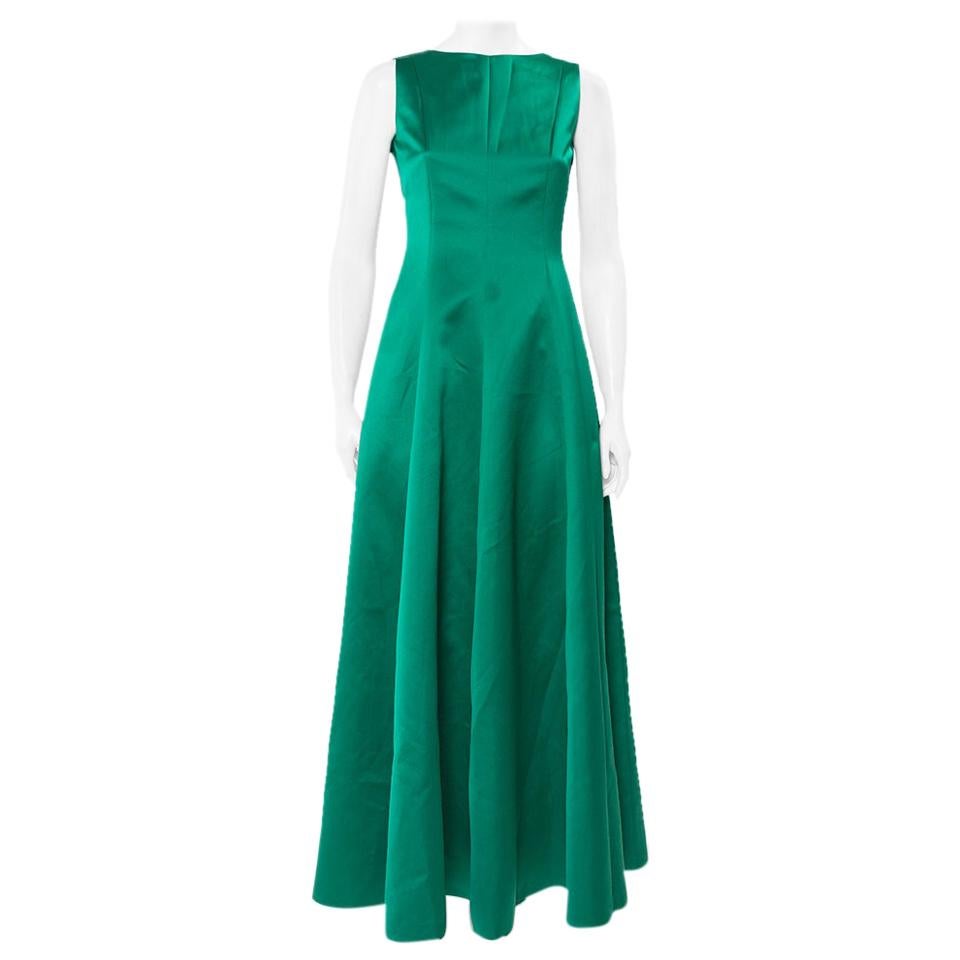 CH Carolina Herrera Green Satin Open Back Sleeveless Gown S