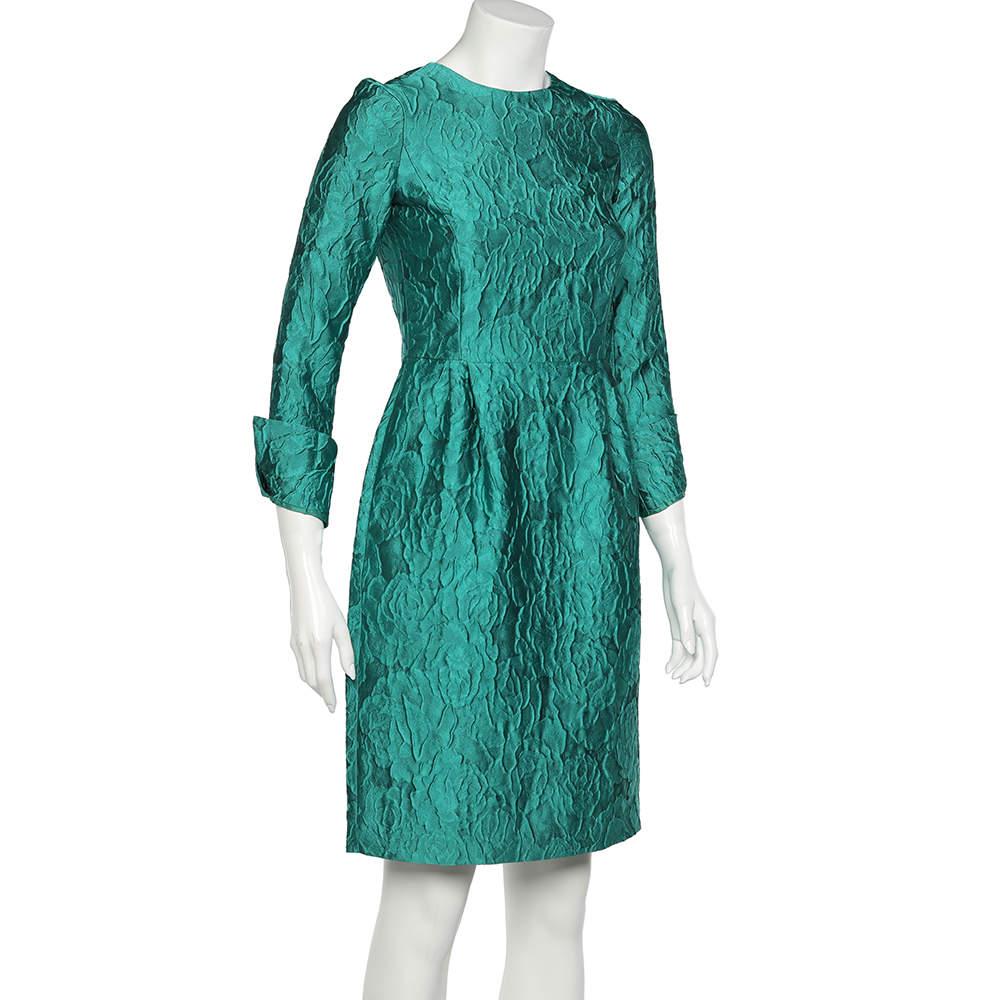 CH Carolina Herrera Green Silk Jacquard Long Sleeve Sheath Dress S In Good Condition For Sale In Dubai, Al Qouz 2