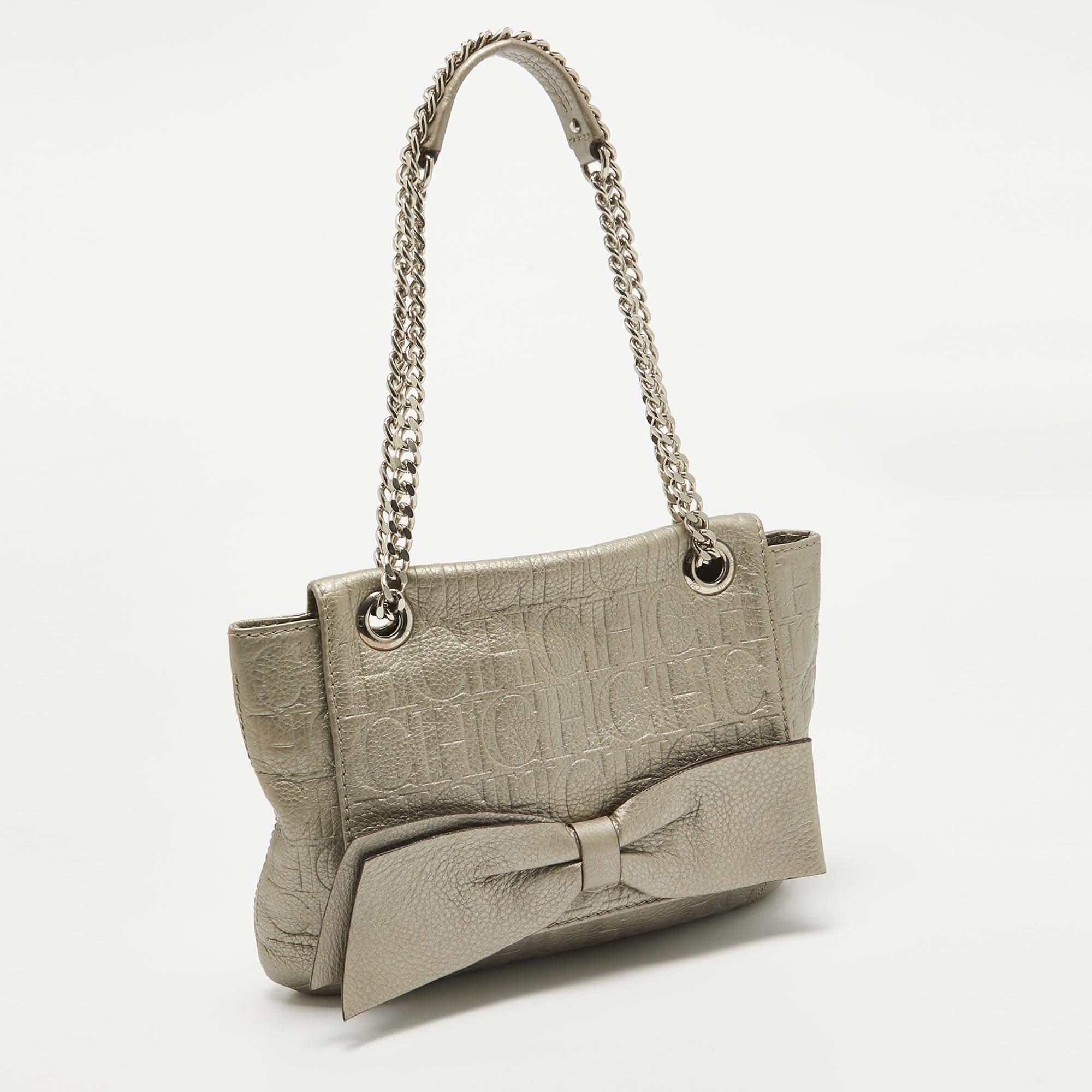 Gray CH Carolina Herrera Grey Monogram Embossed Leather Audrey Shoulder Bag