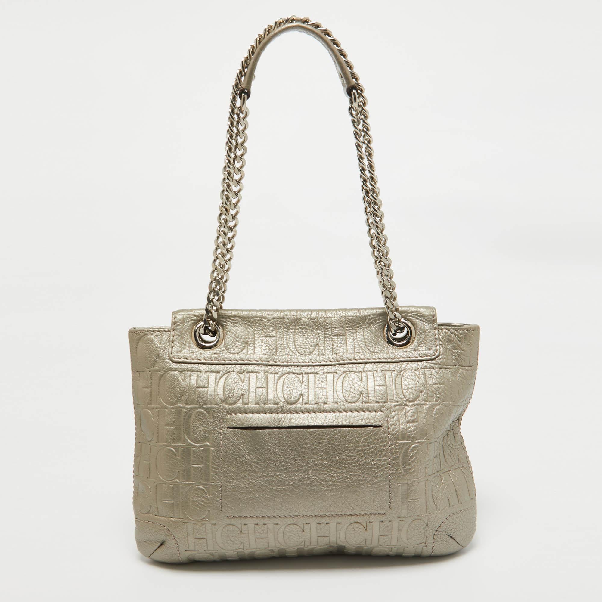 CH Carolina Herrera Grey Monogram Embossed Leather Audrey Shoulder Bag In Good Condition In Dubai, Al Qouz 2
