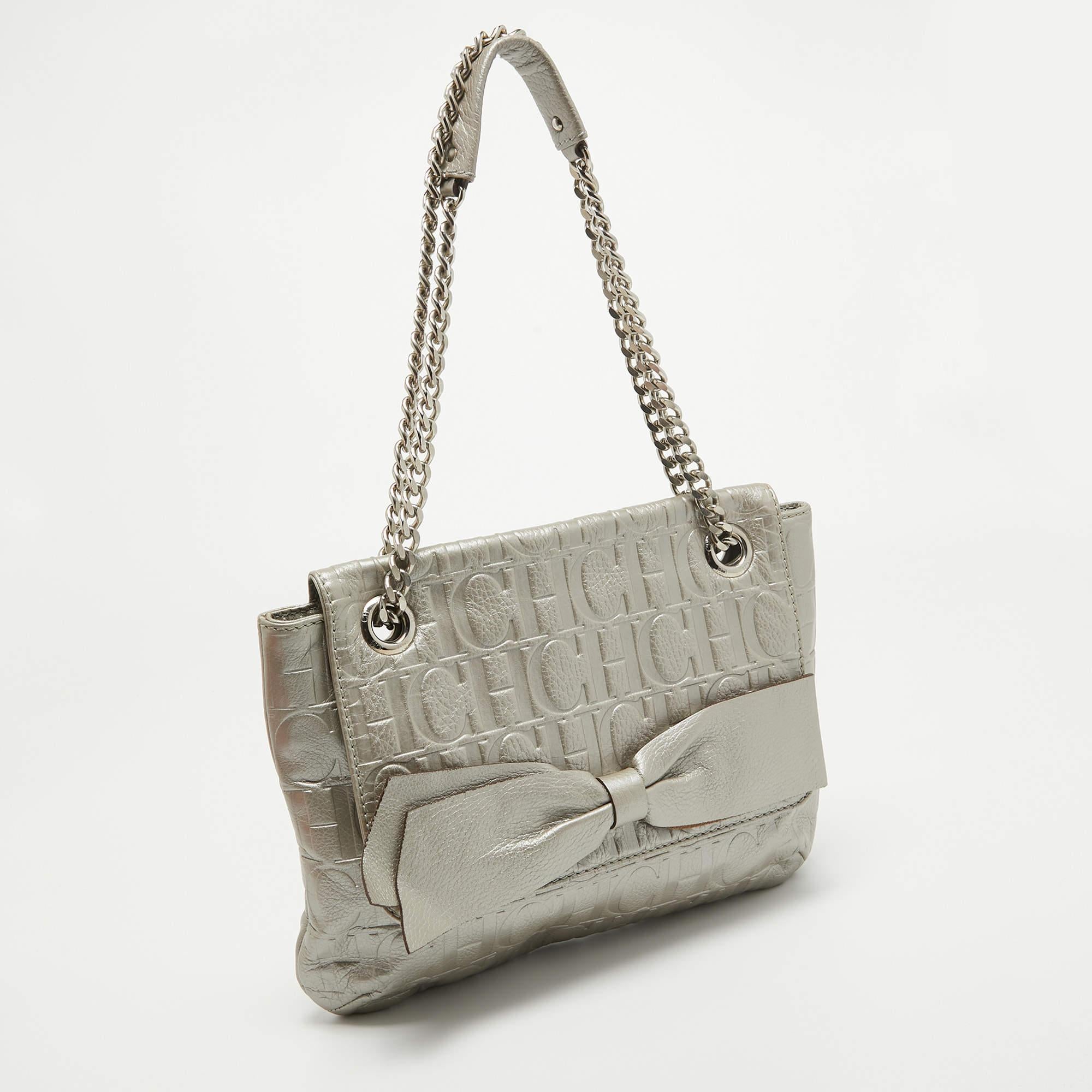 CH Carolina Herrera Grey Monogram Leather Audrey Shoulder Bag For Sale 4