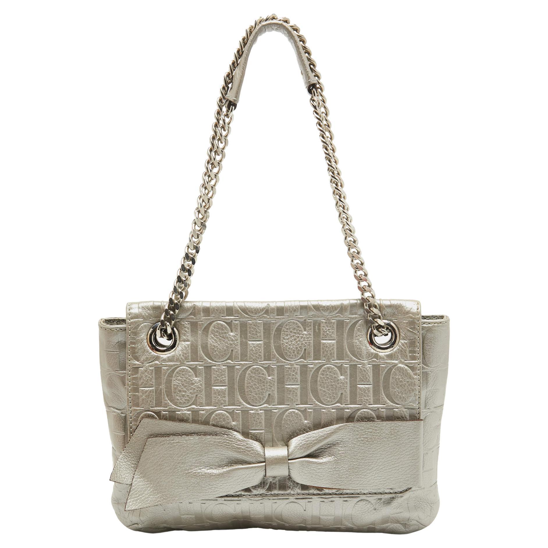 CH Carolina Herrera Grey Monogram Leather Audrey Shoulder Bag For Sale