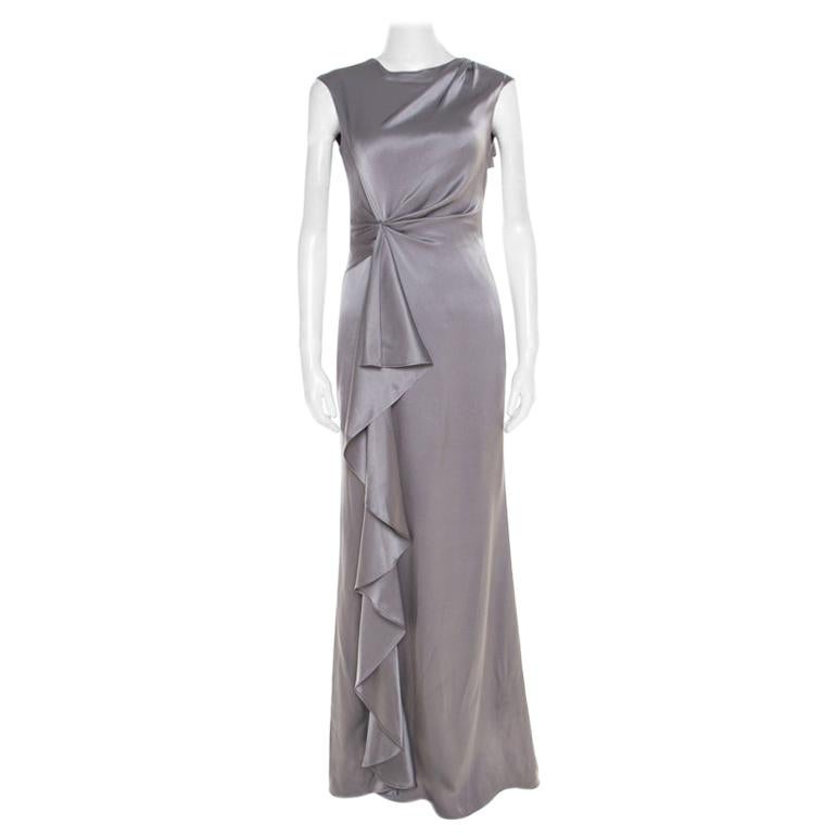 CH Carolina Herrera Grey Silk Satin Sleeveless Ruched Maxi Dress XS