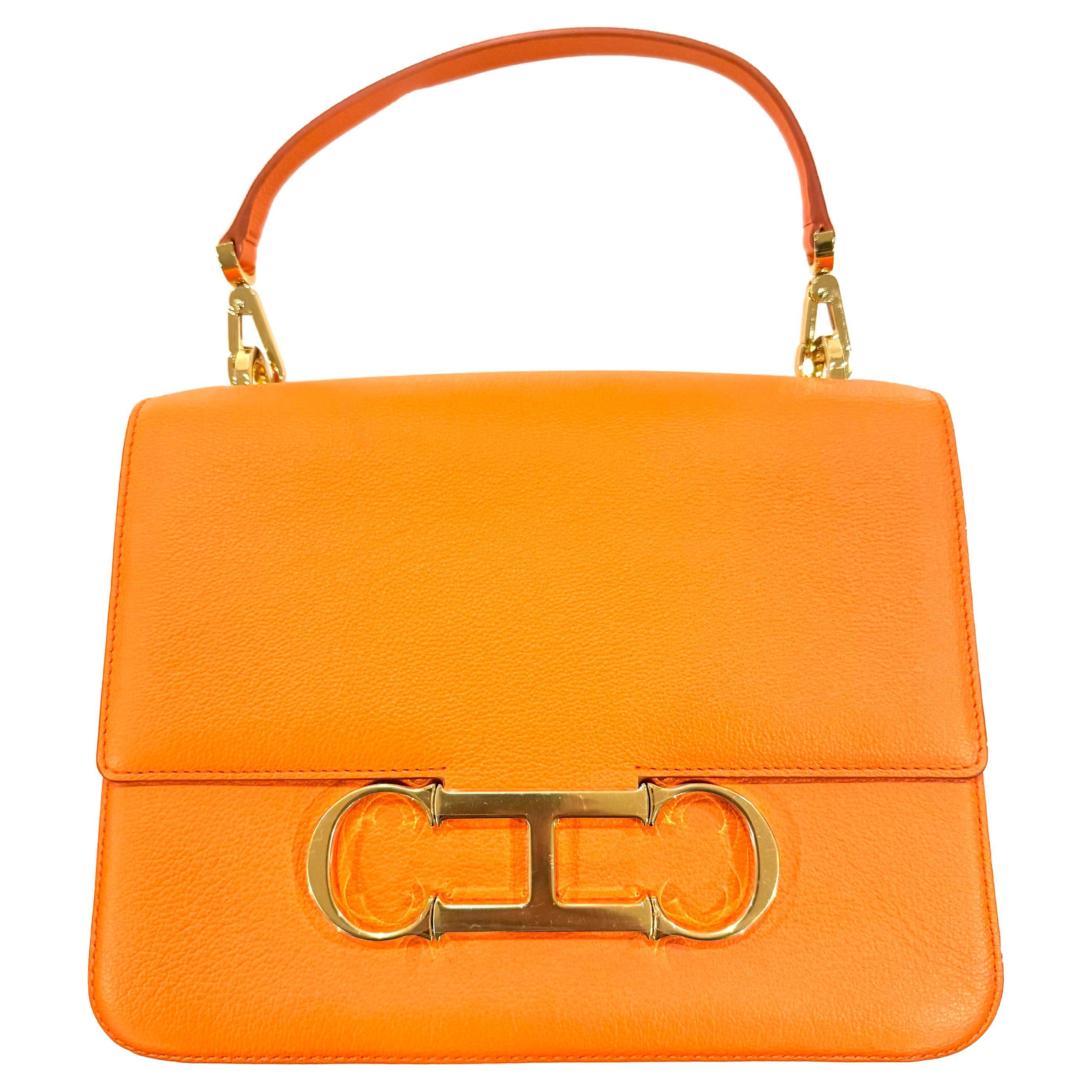 CH Carolina Herrera Initials Insignia Satchel Medium • Orange Leather • SS 22 For Sale