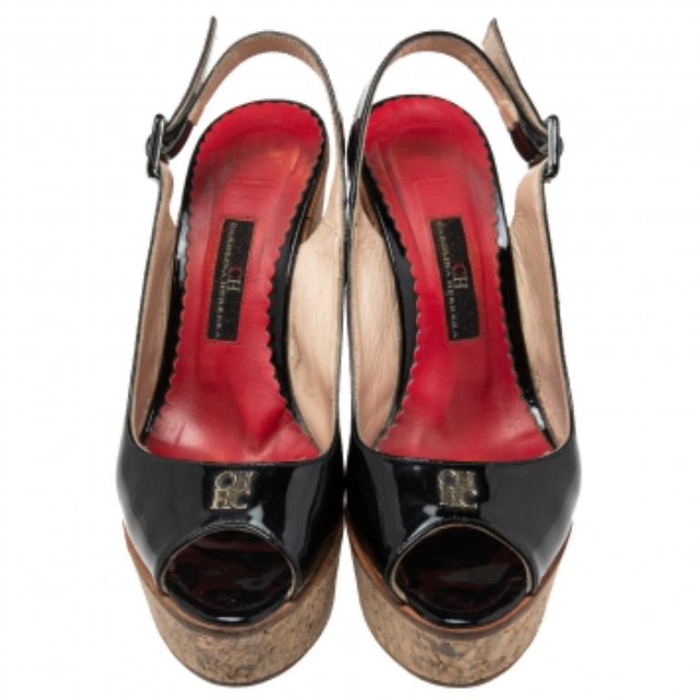 CH Carolina Herrera Leder Peep-Toe Keil Plateau Slingback Sandalen Größe 37 im Angebot 1