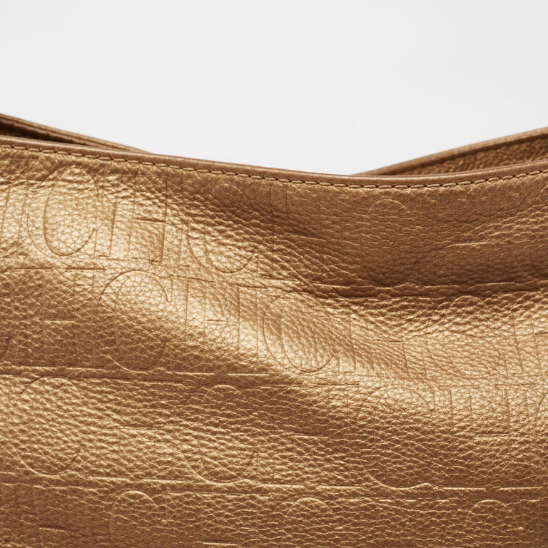 CH Carolina Herrera Metallic Gold Embossed Leather Chain Bow Hobo For