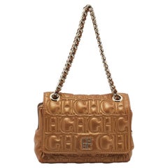 CH Carolina Herrera Metallic Gold Leather Monogram Quilted Flap Shoulder Bag