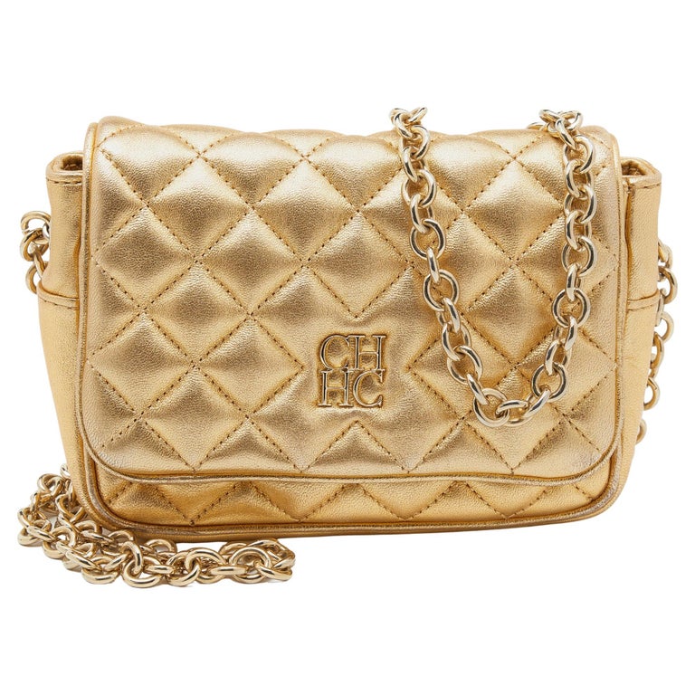 CH Carolina Herrera Metallic Gold Quilted Leather Chain Crossbody Bag