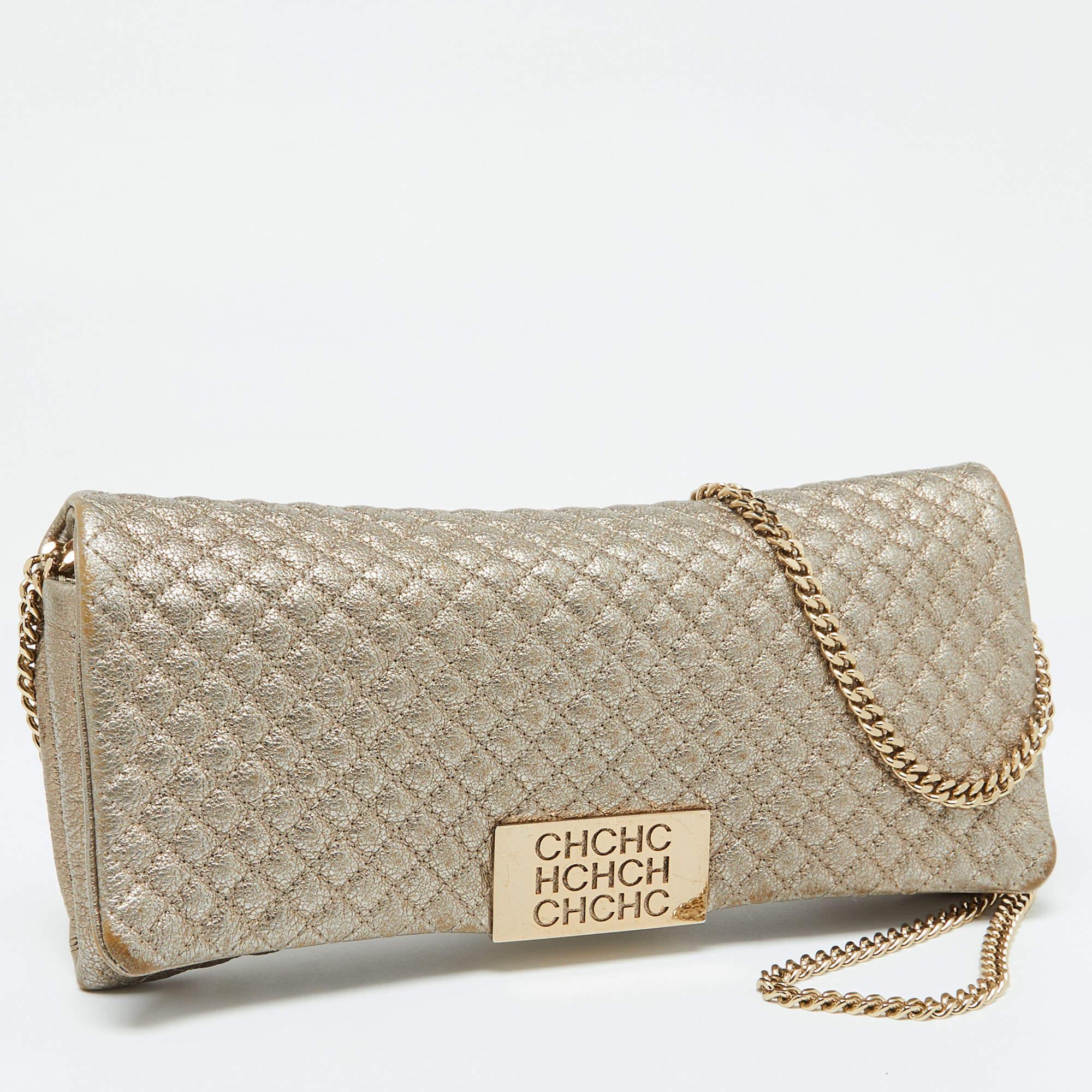 Brown CH Carolina Herrera Metallic Gold Quilted Leather Flap Clutch