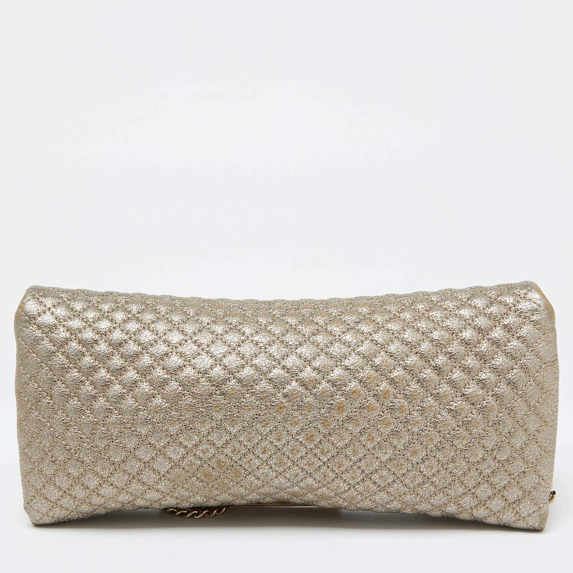 CH Carolina Herrera Metallic Gold Quilted Leather Flap Clutch 3