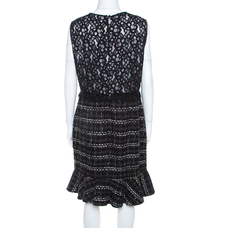 Black CH Carolina Herrera Monochrome Lace and Tweed Sleeveless Dress L