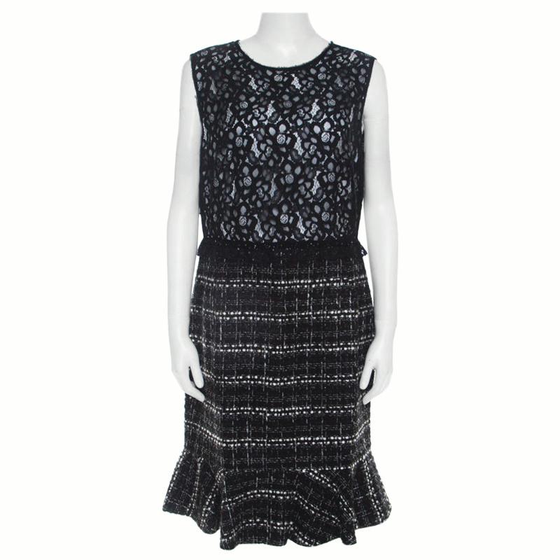 CH Carolina Herrera Monochrome Lace and Tweed Sleeveless Dress L