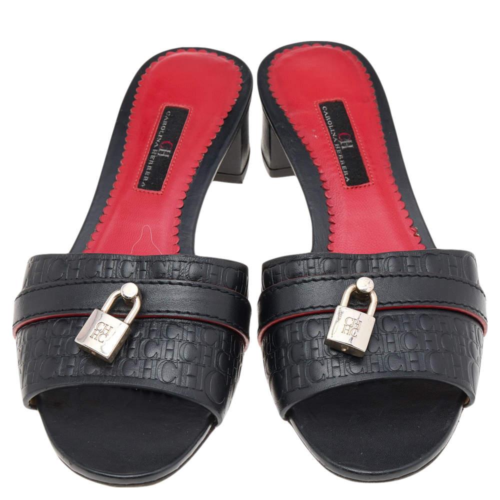 Gray CH Carolina Herrera Monogram Leather Traveller Locked Slide Sandals Size 37