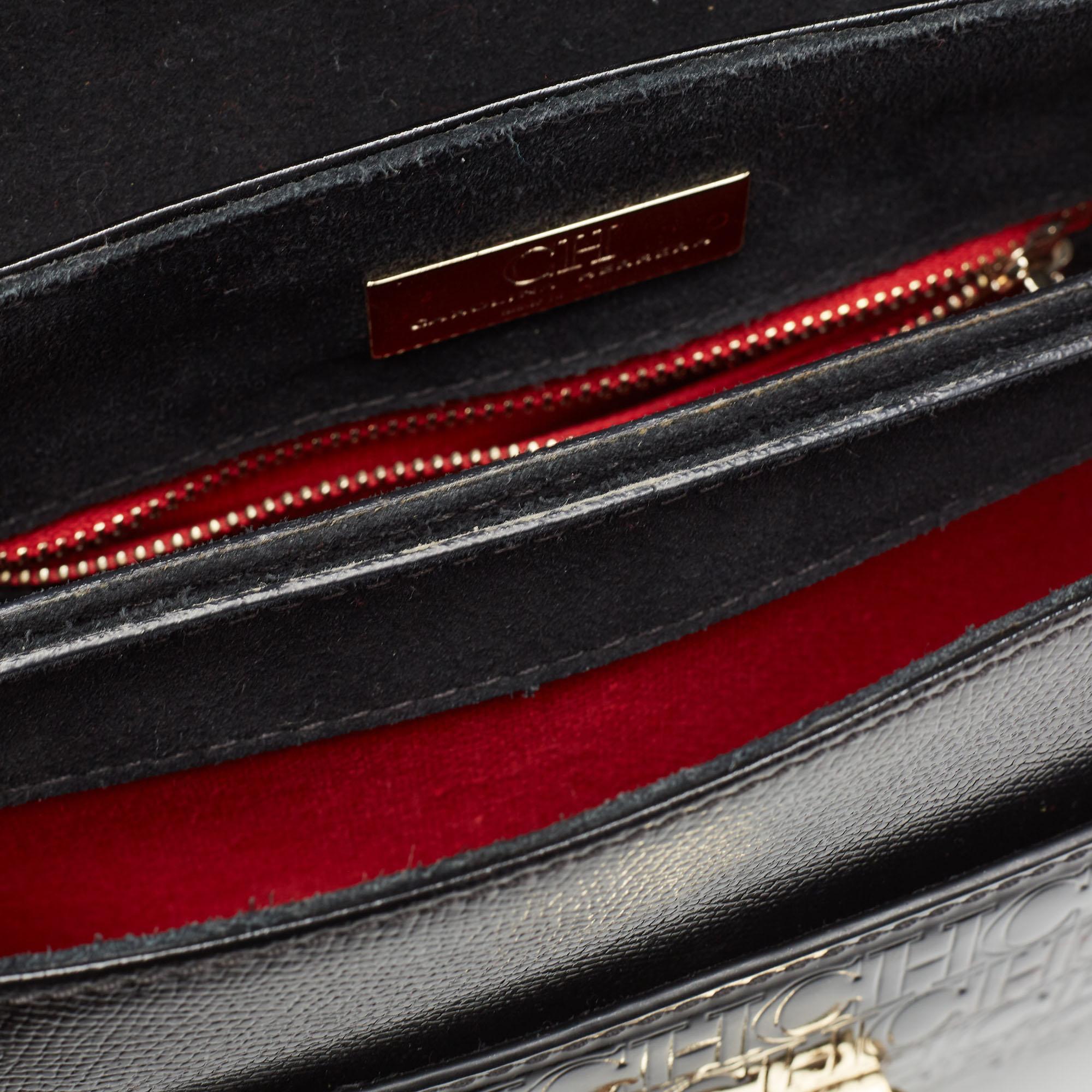 CH Carolina Herrera Monogram  Patent Leather Push Lock Flap Top Handle Bag For Sale 9