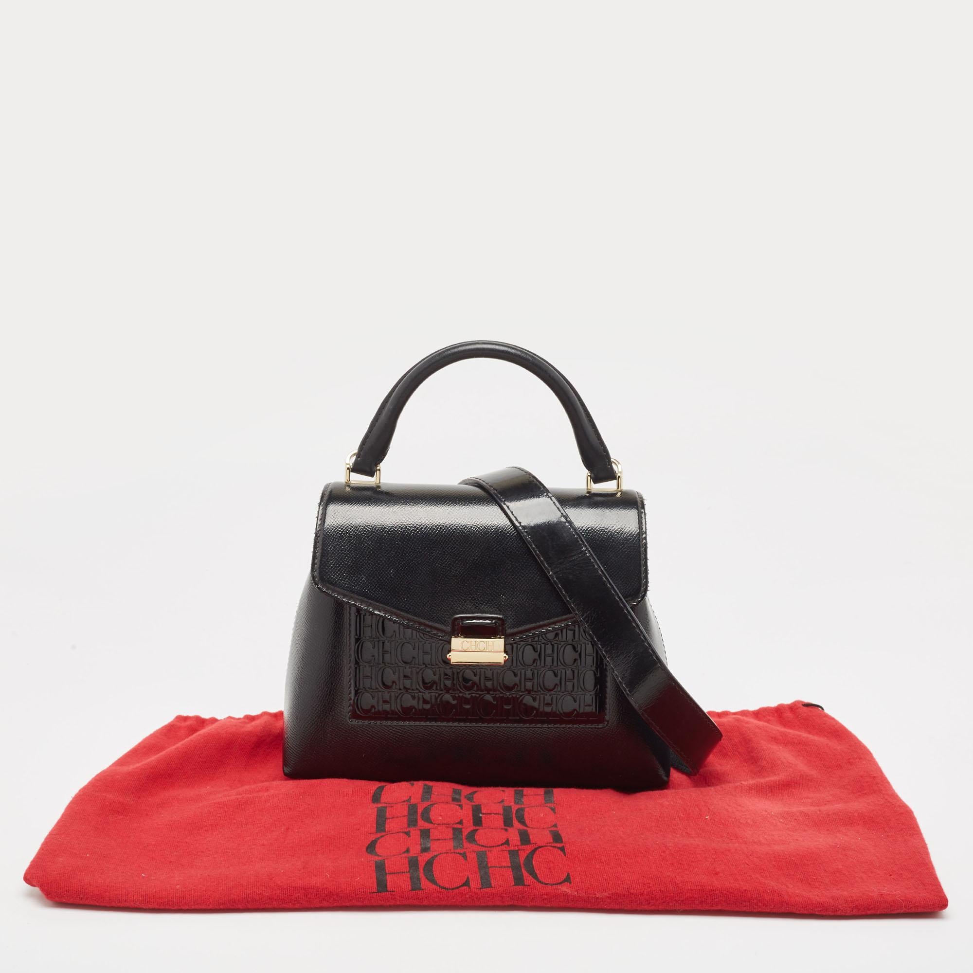 CH Carolina Herrera Monogram  Patent Leather Push Lock Flap Top Handle Bag For Sale 12
