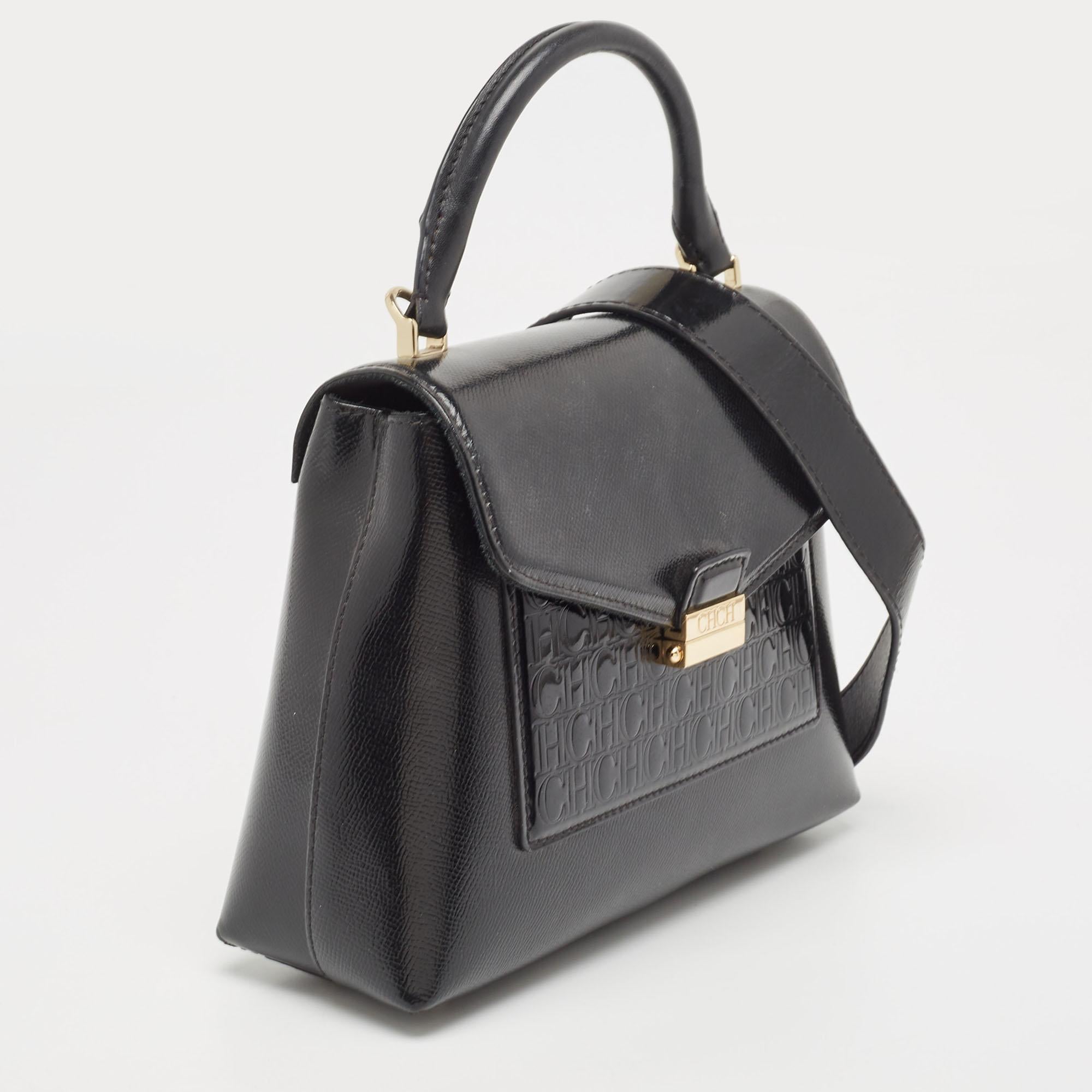 Women's CH Carolina Herrera Monogram  Patent Leather Push Lock Flap Top Handle Bag For Sale
