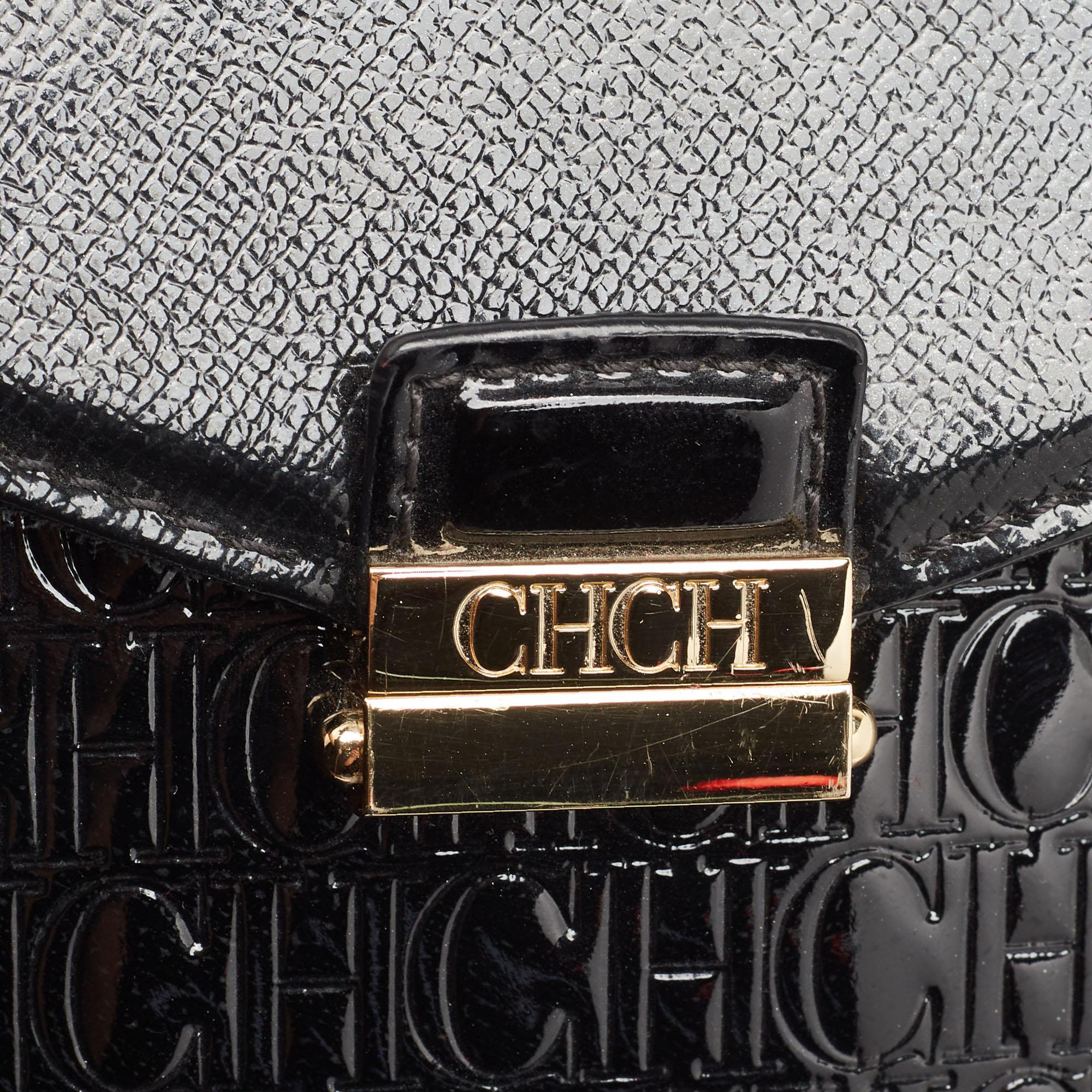 CH Carolina Herrera Monogram  Patent Leather Push Lock Flap Top Handle Bag For Sale 2