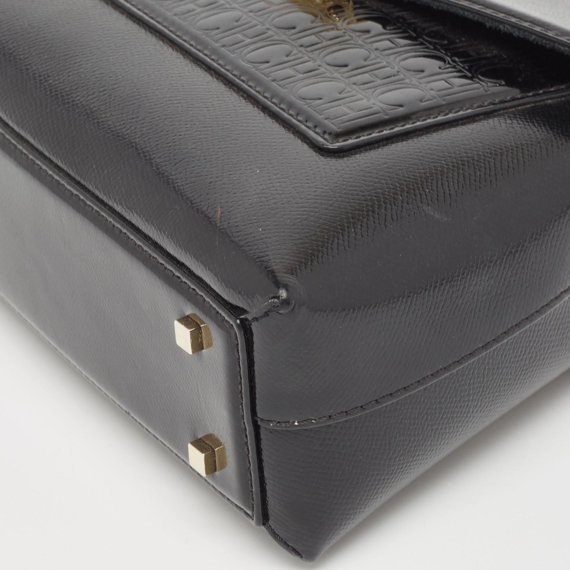 CH Carolina Herrera Monogram  Patent Leather Push Lock Flap Top Handle Bag For Sale 3