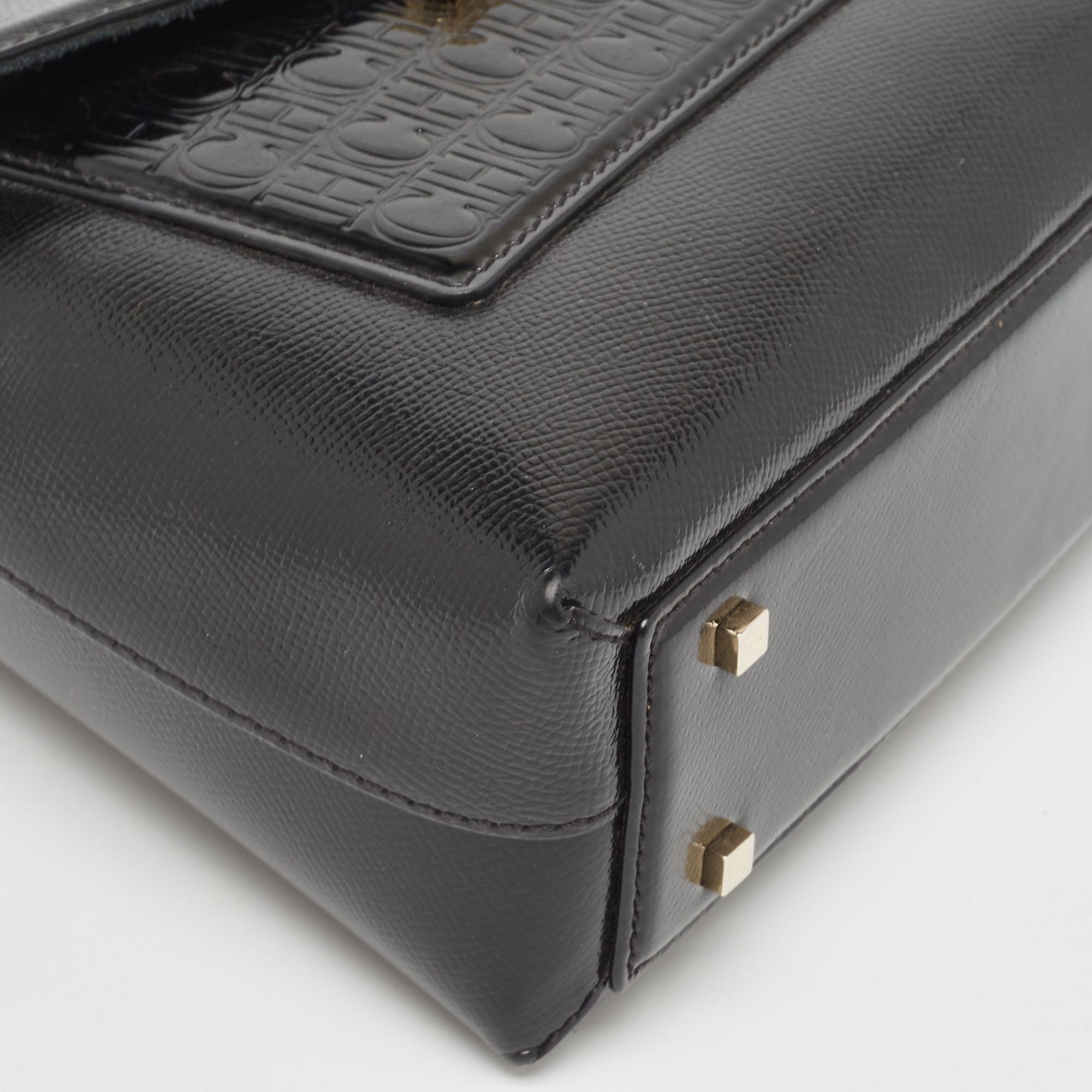 CH Carolina Herrera Monogram  Patent Leather Push Lock Flap Top Handle Bag For Sale 4