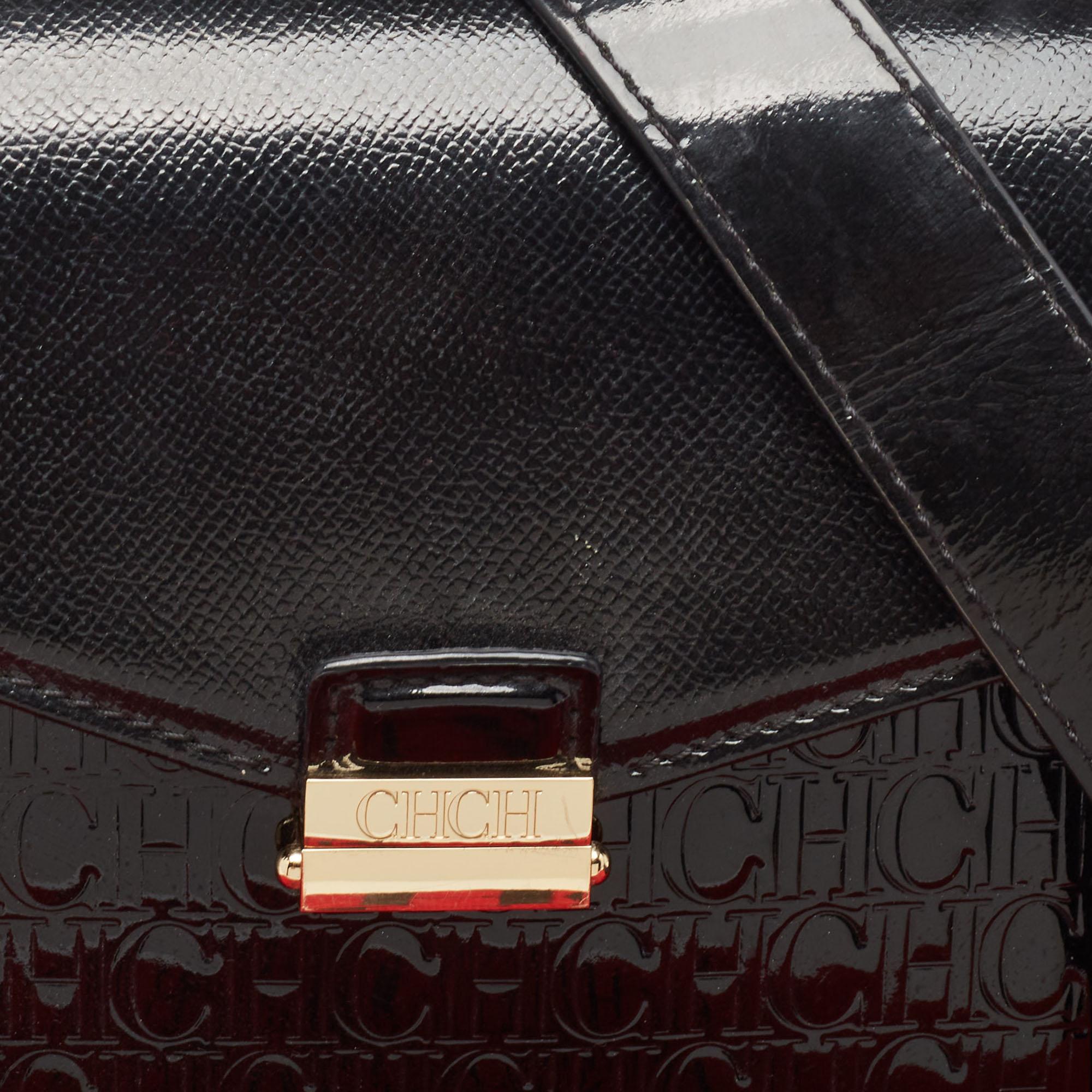CH Carolina Herrera Monogram  Patent Leather Push Lock Flap Top Handle Bag For Sale 5