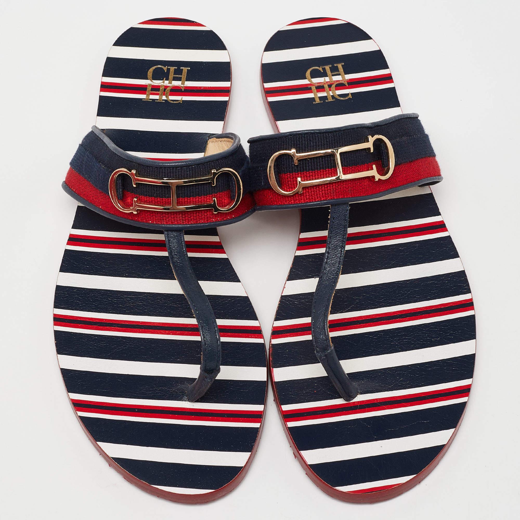 Black CH Carolina Herrera Multicolor Canvas and Leather Thong Flats Size 38 For Sale