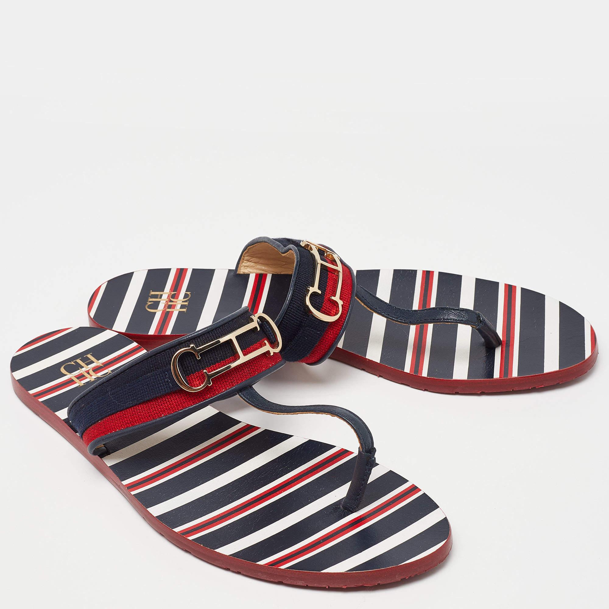 CH Carolina Herrera Multicolor Canvas and Leather Thong Flats Size 38 In Good Condition For Sale In Dubai, Al Qouz 2