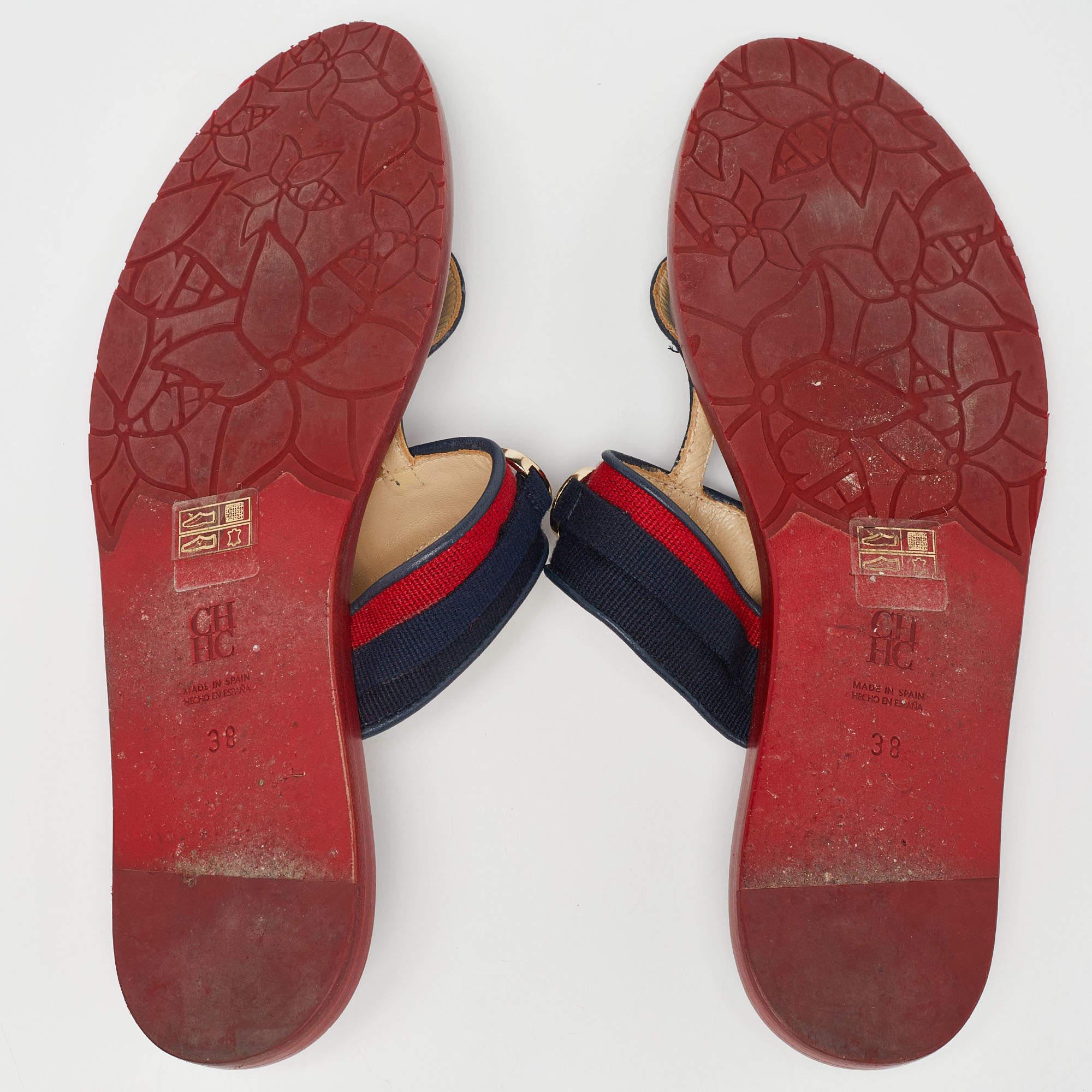 CH Carolina Herrera Multicolor Canvas and Leather Thong Flats Size 38 For Sale 1