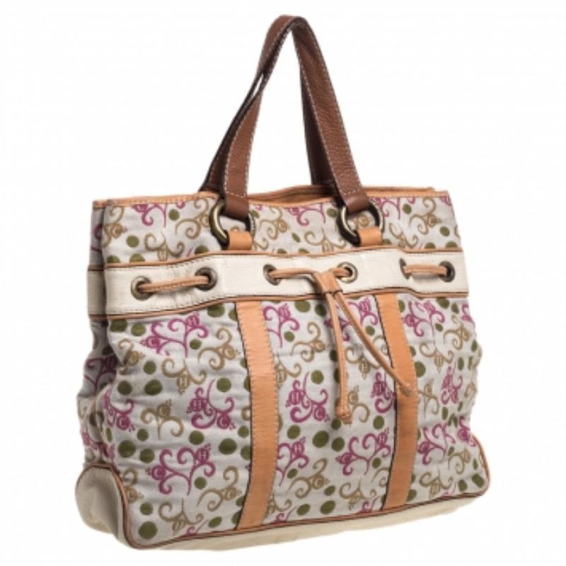 CH Carolina Herrera Multicolor Embroidered Fabric and Leather Trim Tote For Sale 2